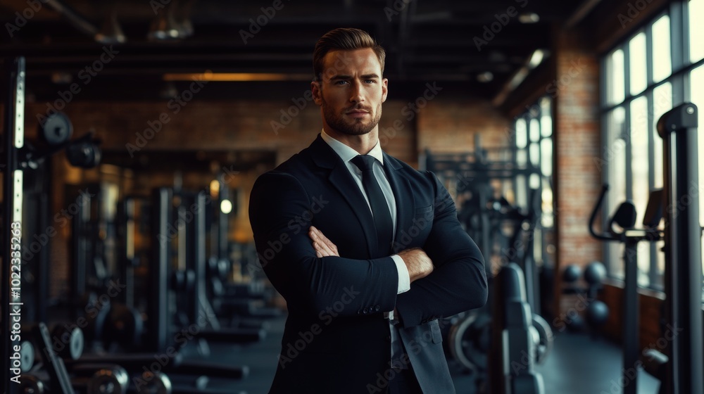 Fototapeta premium Man in suit standing in a gym.