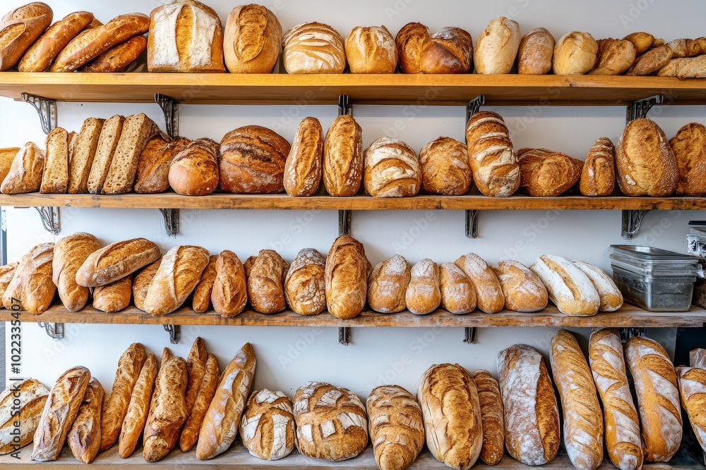 An inviting wall of shelves displays an assortment of freshly baked breads, loaves, and baguettes in a rustic bakery setting