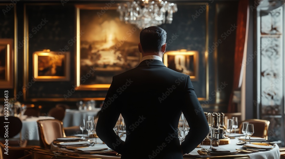 Man in tuxedo standing at a formal dinner. Man in tuxedo standing at a formal dinner.