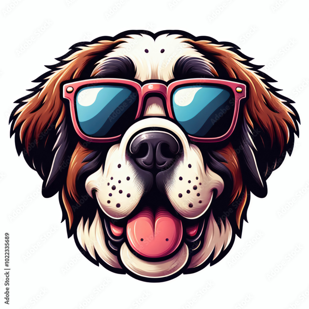Fototapeta premium Happy bernese mountain dog face wearing sunglasses clip art cartoon, berner dog head element illustration