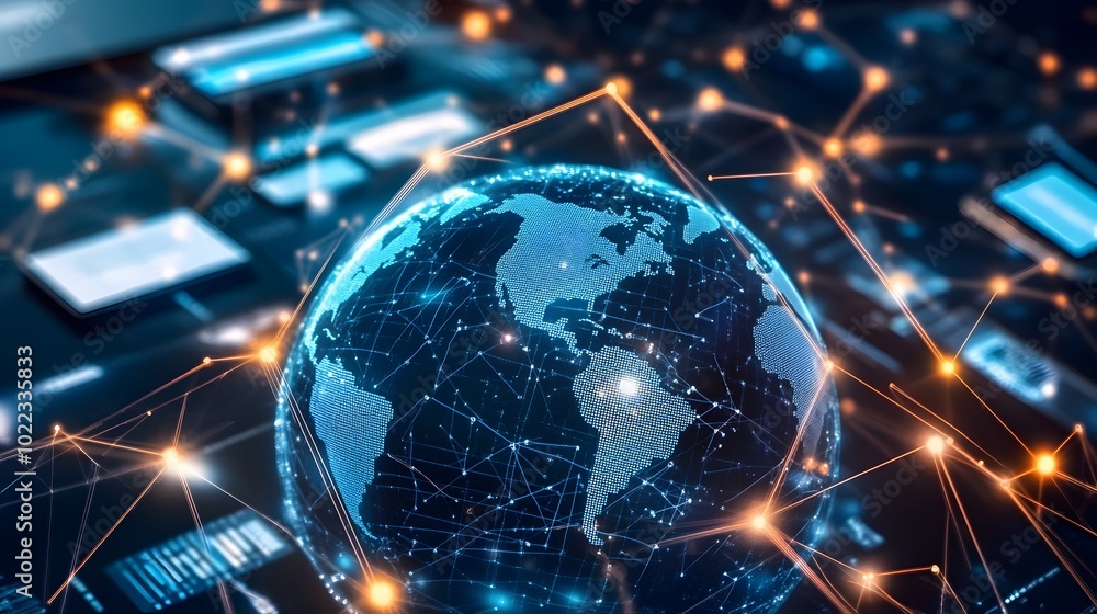 Fototapeta premium Glowing digital globe with interconnected lines and networks surrounded by various smart devices like laptops and smartphones symbolizing the global