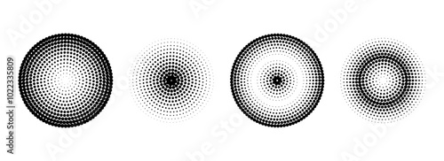 Halftone concentric circle set. Comic grunge texture ring shape collection. Dotted round geometric collection. Radial pop art design elements. Epicenter, target, radar concept. Vector