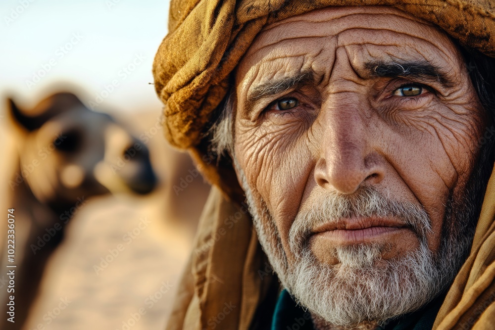 An elderly Arabic nomad in a turban poses thoughtfully against a desert backdrop with a camel, reflecting a life of resilience and tradition An elderly Arabic nomad in a turban poses thoughtfully against a desert backdrop with a camel, reflecting a life of resilience and tradition