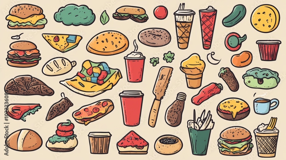 Hand-drawn food and drinks on beige background. Hand-drawn food and drinks on beige background.