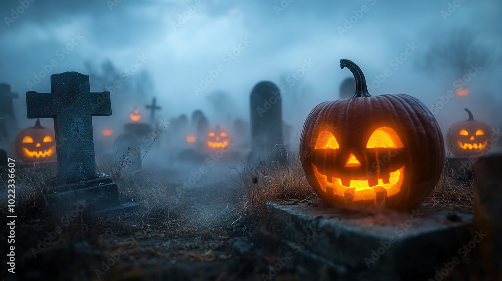 Jack-o'-lantern in a Foggy Graveyard Jack-o'-lantern in a Foggy Graveyard