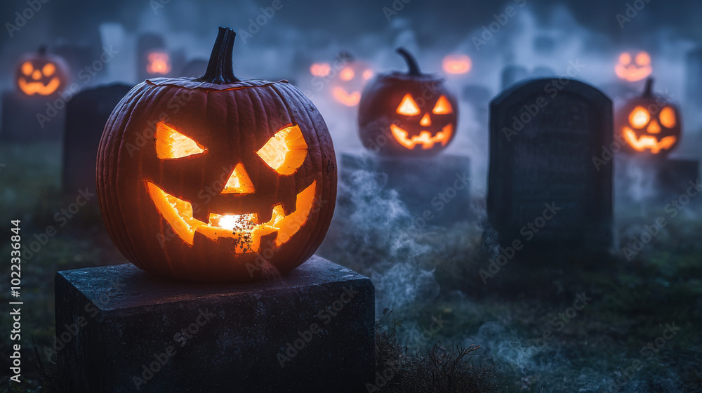 Spooky Jack-o'-Lantern in a Foggy Graveyard Spooky Jack-o'-Lantern in a Foggy Graveyard