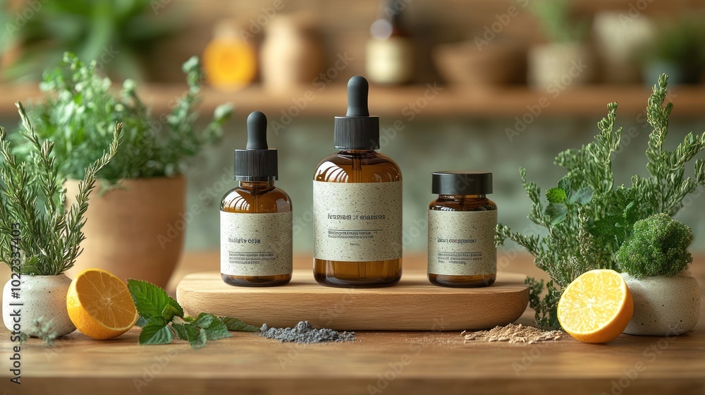 A serene display of herbal products and fresh ingredients. A serene display of herbal products and fresh ingredients.