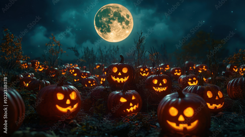 Jack-O-Lantern Field on a Spooky Halloween Night Jack-O-Lantern Field on a Spooky Halloween Night
