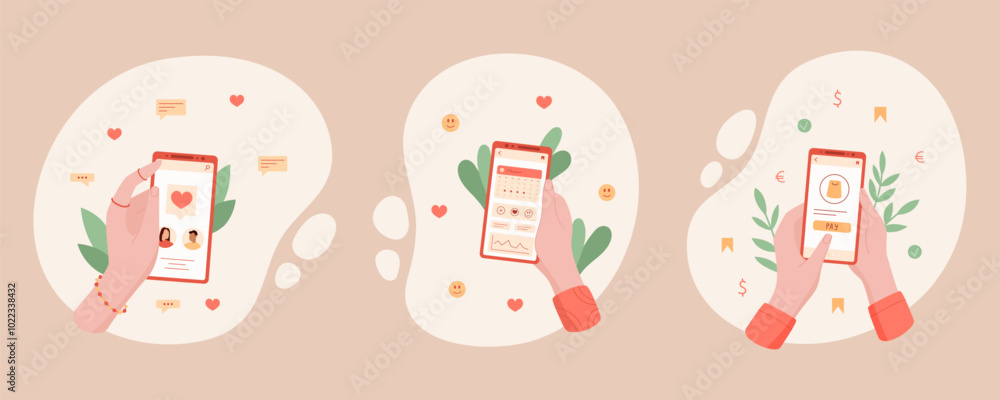 Fototapeta premium Set of hands holding smartphones displaying various apps for media, chat, and payment services. Digital phone cartoon design highlighting online interaction and communication. Ideal for modern graphic