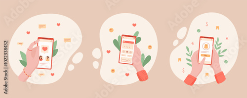 Set of hands holding smartphones displaying various apps for media, chat, and payment services. Digital phone cartoon design highlighting online interaction and communication. Ideal for modern graphic