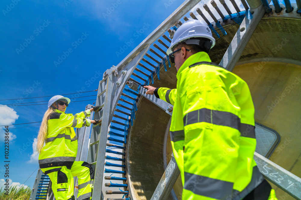 custom made wallpaper toronto digitalTwo engineers in safety gear inspecting a wind turbine blade section on a construction site. They examine the metal framework with precision. Renewable energy project under a clear blue sky.