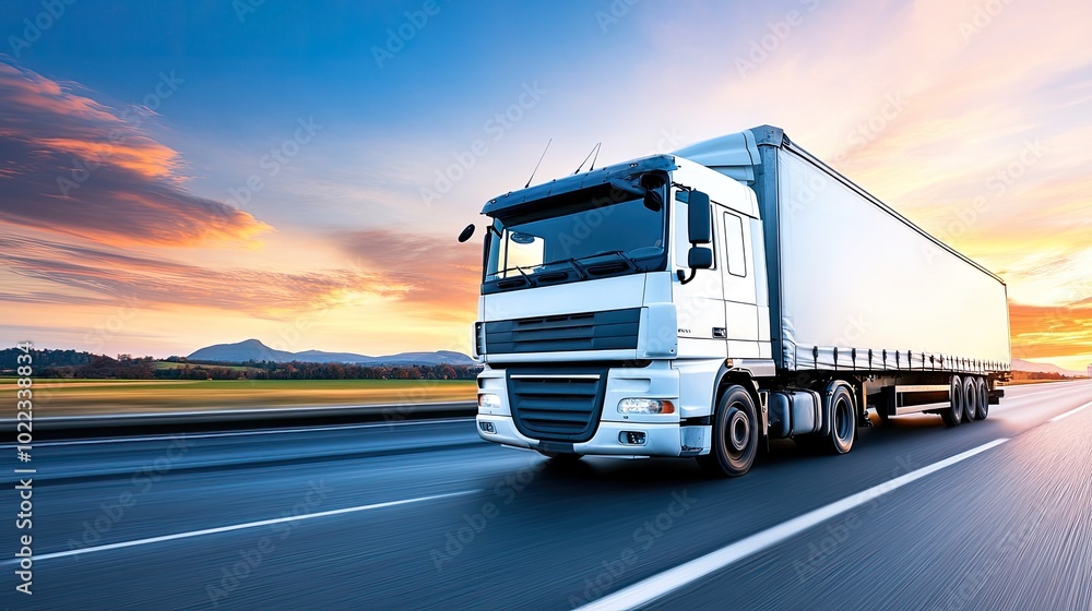 Cargo Truck on Highway at Sunset with Scenic Sky and Open Road Cargo Truck on Highway at Sunset with Scenic Sky and Open Road