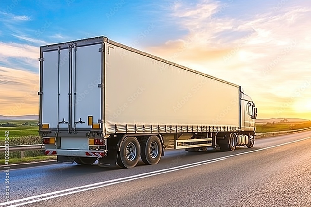 Cargo Truck on Highway at Sunset with Scenic Sky and Open Road Cargo Truck on Highway at Sunset with Scenic Sky and Open Road