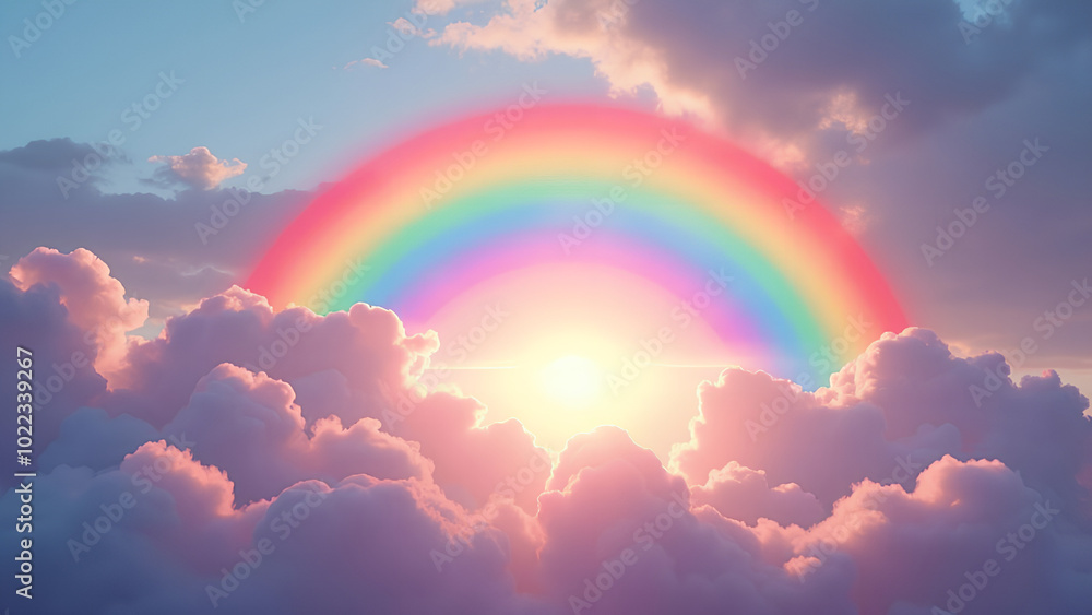 rainbow with many clouds and sky light pink blue green yellows and purples from the sun rainbow with many clouds and sky light pink blue green yellows and purples from the sun
