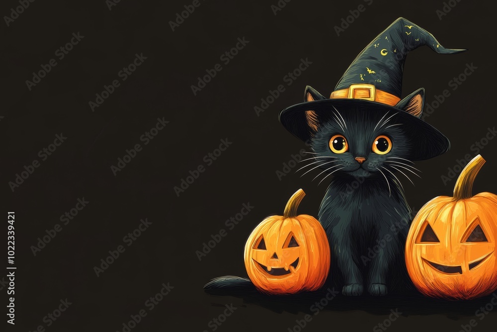 A cute black kitten in a witch hat surrounded by funny pumpkins perfect for Halloween decor A cute black kitten in a witch hat surrounded by funny pumpkins perfect for Halloween decor