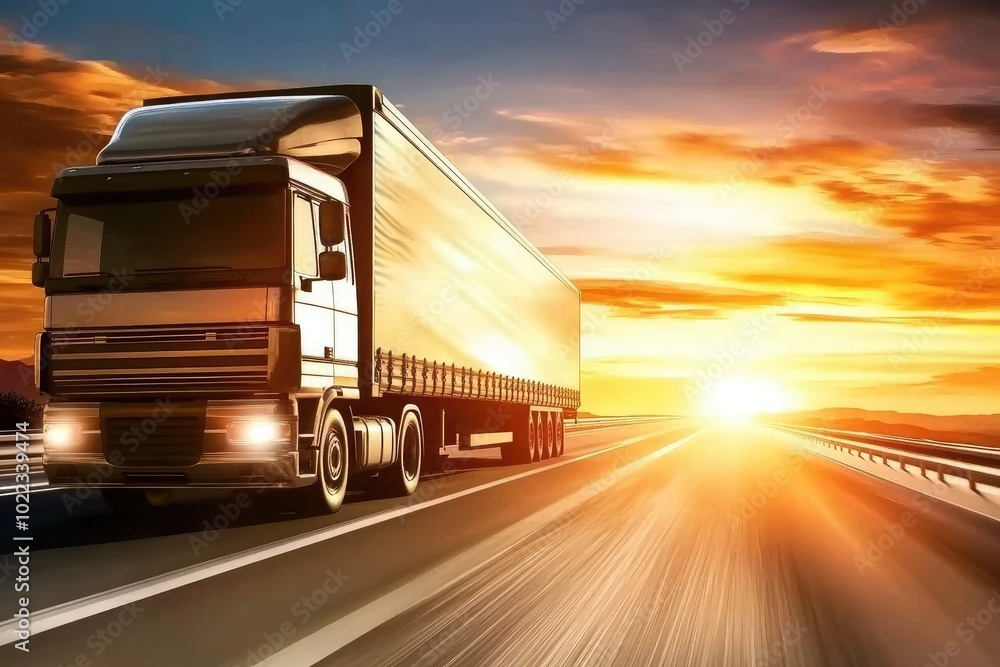 Cargo Truck on Highway at Sunset with Scenic Sky and Open Road Cargo Truck on Highway at Sunset with Scenic Sky and Open Road