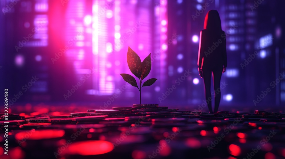 Symbolic growth: Plant emerging from coins in a digital landscape Symbolic growth: Plant emerging from coins in a digital landscape