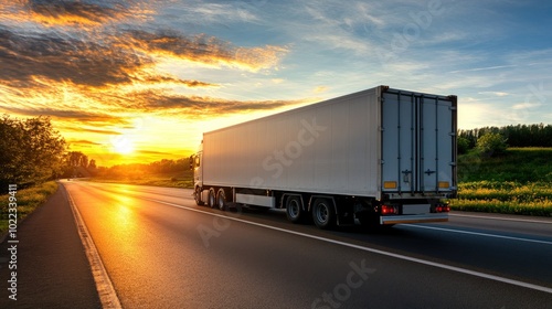 Cargo Truck on Highway at Sunset with Scenic Sky and Open Road