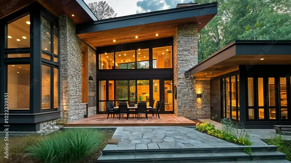 A modern house with large windows and a stone facade, surrounded by lush greenery, blending architecture with nature. A modern house with large windows and a stone facade, surrounded by lush greenery, blending architecture with nature.