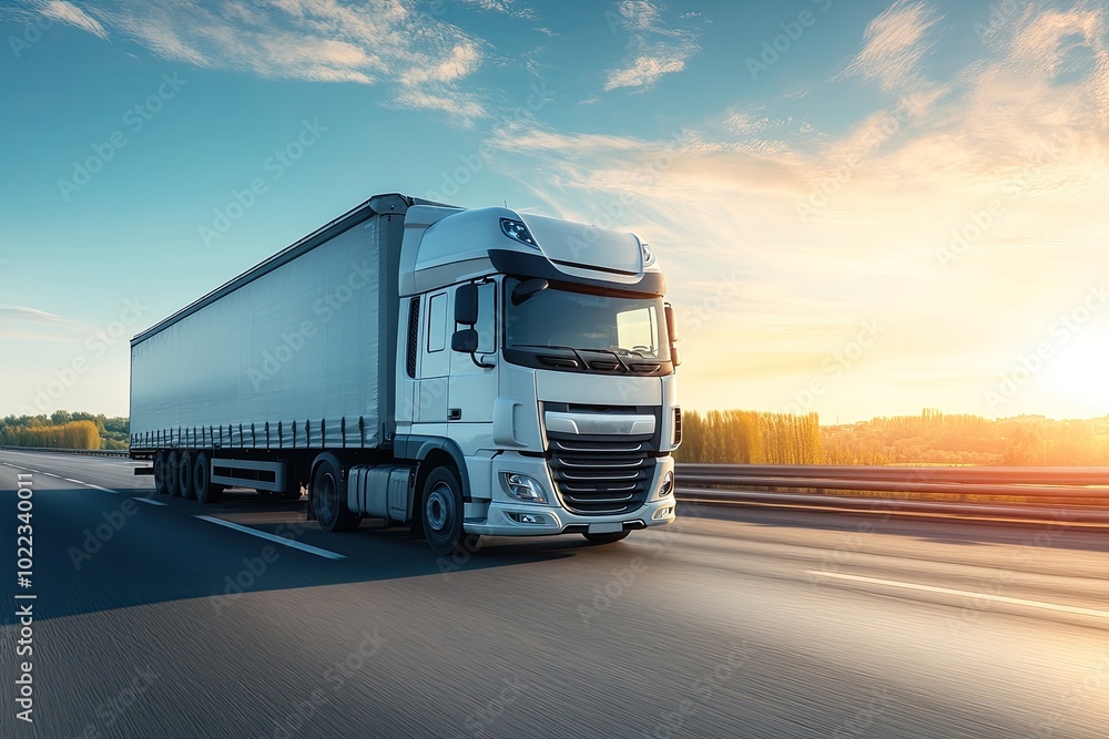 Cargo Truck on Highway at Sunset with Scenic Sky and Open Road Cargo Truck on Highway at Sunset with Scenic Sky and Open Road
