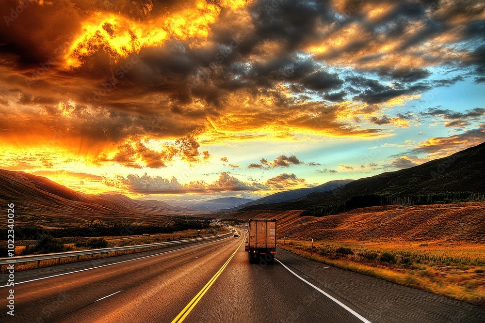 Naklejka premium Cargo Truck on Highway at Sunset with Scenic Sky and Open Road