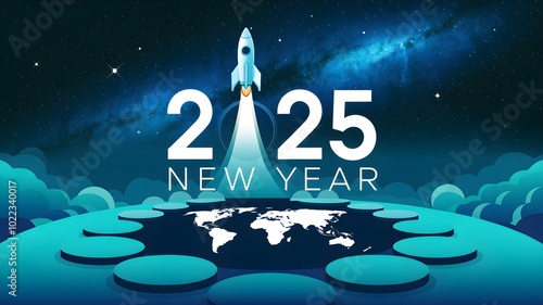 Futuristic 2025 New Year Countdown Rocket Launch with Global Sphere