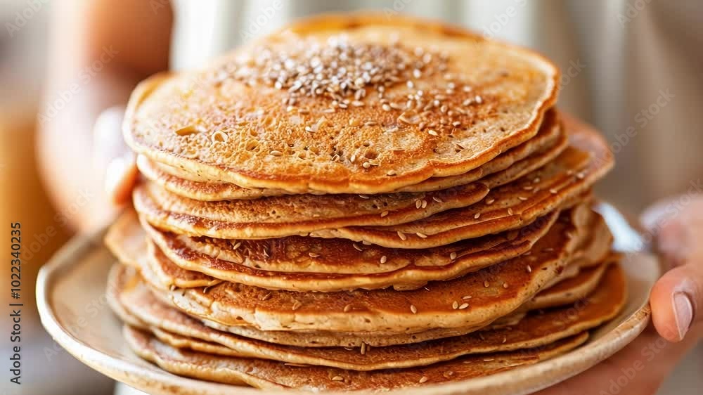 Woman proudly holds a plate of fluffy, golden brown pancakes in a cozy kitchen, perfect for a delicious homemade breakfast or brunch