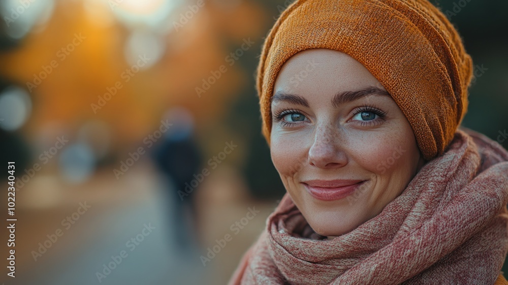 A smiling woman in a cozy scarf and hat, enjoying autumn outdoors. A smiling woman in a cozy scarf and hat, enjoying autumn outdoors.