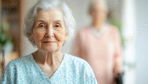 Elderly patient smiling as caregiver assists with wheelchair, rehabilitation and care, positive healthcare environment, mobility support