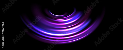 Glowing neon light trail background. Bright purple speed lines. Magic luminous curved swirl concept. Abstract spiral dynamic rotating stripes. Bright spinning streaks for poster, banner, flyer. Vector