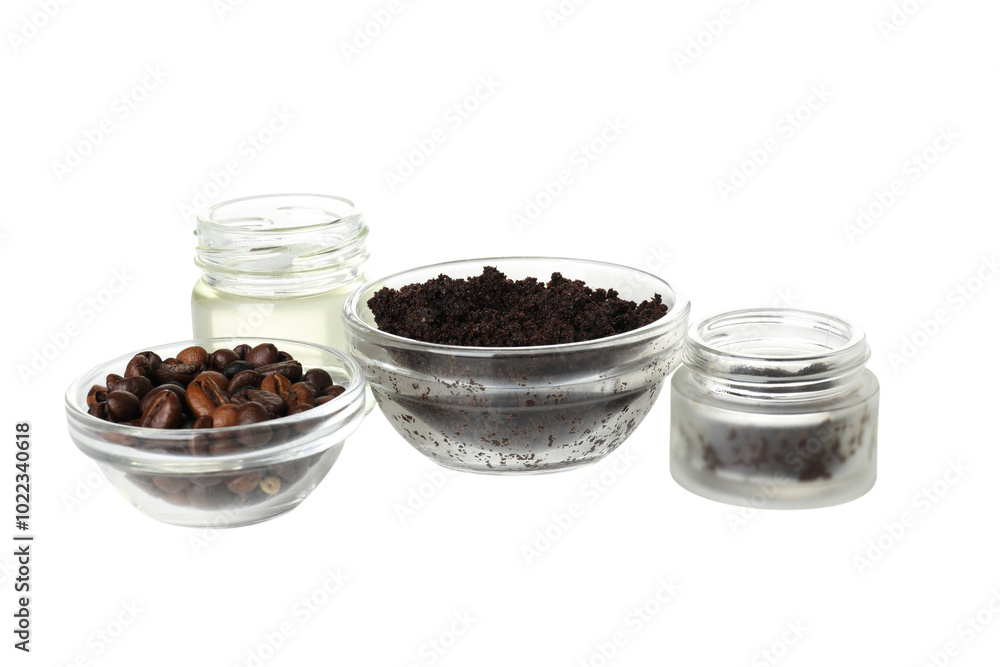 PNG, coffee body scrub, in transparent container, isolated on white background. PNG, coffee body scrub, in transparent container, isolated on white background.
