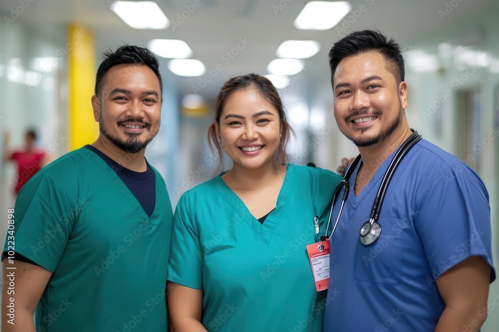 Multicultural healthcare team standing together, smiling, clinic environment, teamwork in medicine, positive healthcare concept Multicultural healthcare team standing together, smiling, clinic environment, teamwork in medicine, positive healthcare concept