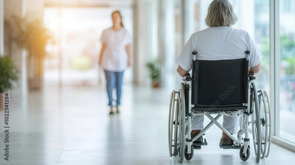 Physical therapist helping patient in wheelchair with exercises, rehabilitation care, health support, improving mobility, recovery concept Physical therapist helping patient in wheelchair with exercises, rehabilitation care, health support, improving mobility, recovery concept