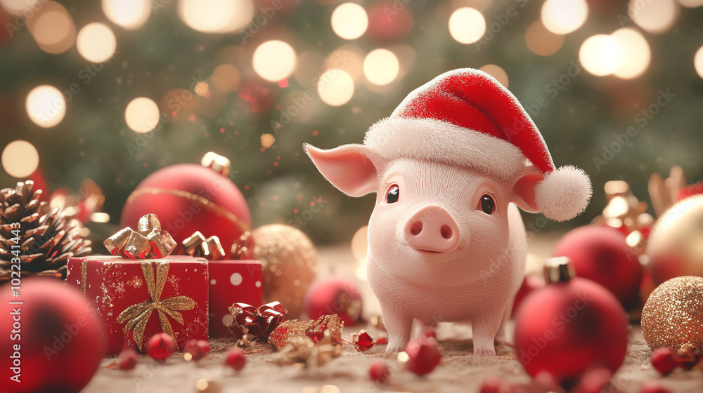 A cheerful pig wearing a Santa hat surrounded by festive decorations, including colorful ornaments and gifts, set against a sparkling Christmas background. A cheerful pig wearing a Santa hat surrounded by festive decorations, including colorful ornaments and gifts, set against a sparkling Christmas background.