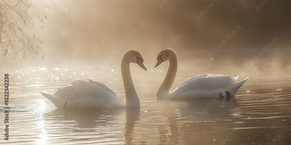 Fototapeta premium A pair of swans swimming on the river, generative AI
