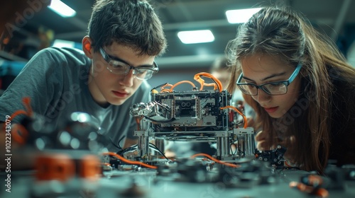 High schoolers working on building a robot for a robotics competition