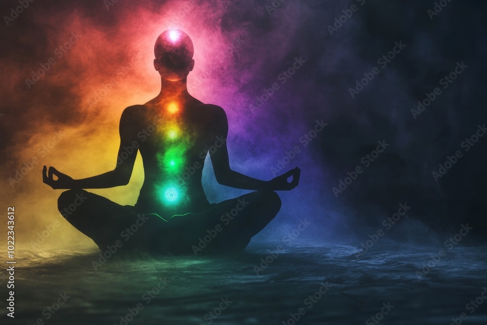 A person meditates in a tranquil setting with a radiant colorful aura, embodying spiritual enlightenment and chakra energy connection A person meditates in a tranquil setting with a radiant colorful aura, embodying spiritual enlightenment and chakra energy connection