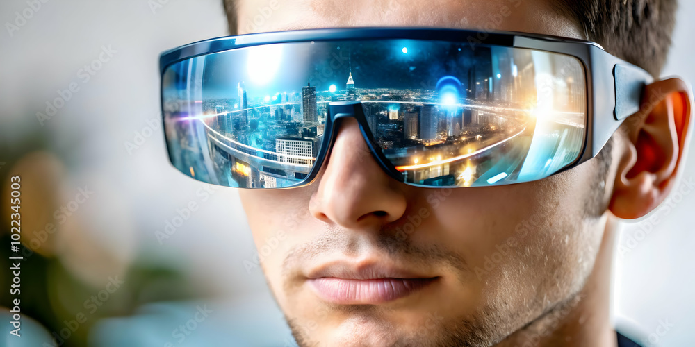 Close Up of a Person's Face with Augmented Reality Glasses Showcasing Virtual Data Overlays for Immersive Remote Work Experience Close Up of a Person's Face with Augmented Reality Glasses Showcasing Virtual Data Overlays for Immersive Remote Work Experience