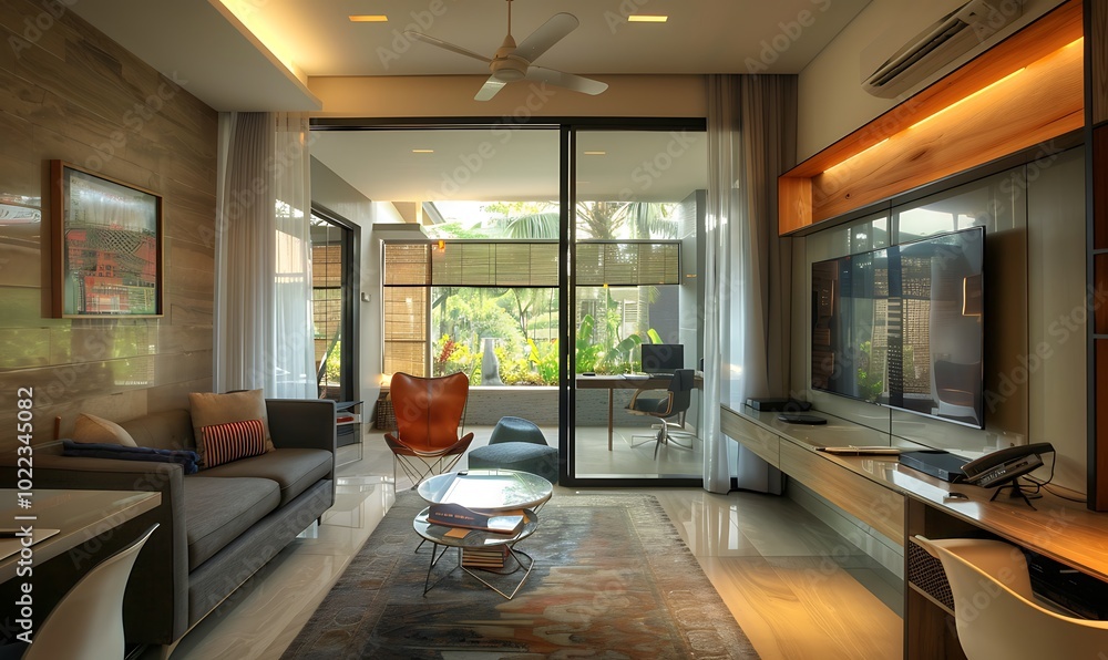 Interior of modern living room with gray walls, concrete floor, coffee table and tv. Interior of modern living room with gray walls, concrete floor, coffee table and tv.