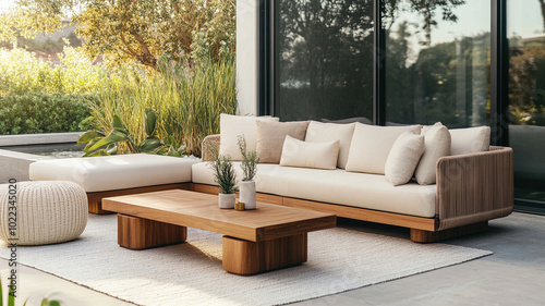 Luxurious outdoor patio featuring stylish sofa, coffee table, and decorative plants, creating serene and inviting atmosphere for relaxation
