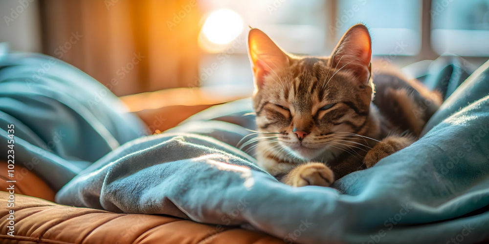 Cozy Cat on Soft Bed - Plain Background for Relaxation and Pet Love | Photo Stock Concept Cozy Cat on Soft Bed - Plain Background for Relaxation and Pet Love | Photo Stock Concept
