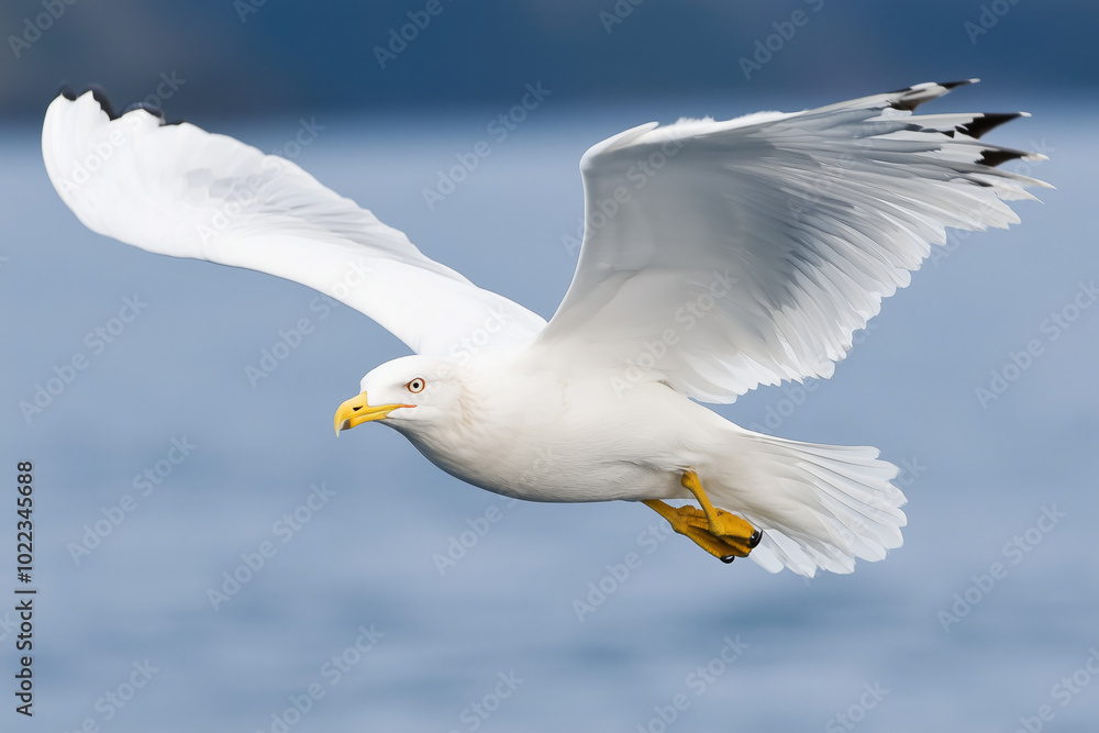 A white seagull flying gracefully over calm ocean waters, with wings spread wide A white seagull flying gracefully over calm ocean waters, with wings spread wide