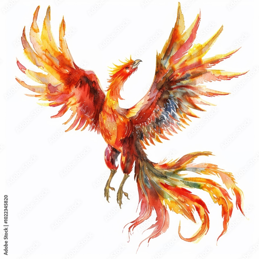 Obraz premium Watercolor clipart featuring a majestic phoenix in flight vibrant colors