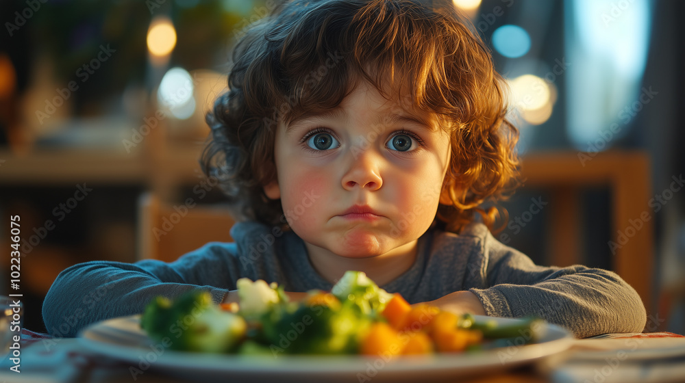 Curious Child Staring at Healthy Meal