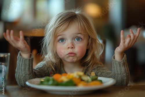 A young child with big, expressive eyes sits in front of a plate of colorful vegetables