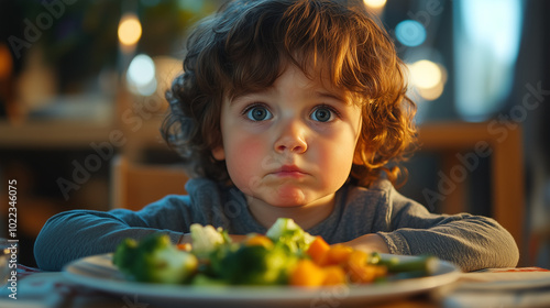 Curious Child Staring at Healthy Meal