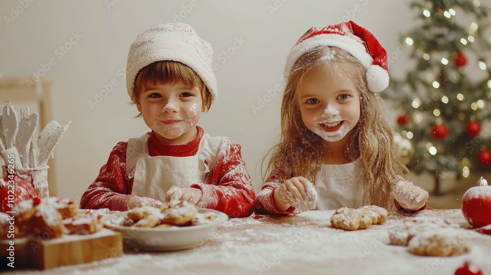 Two kids baking cookies together, flour dusting their faces, with a table full of festive decorations on a solid white background. Two kids baking cookies together, flour dusting their faces, with a table full of festive decorations on a solid white background.