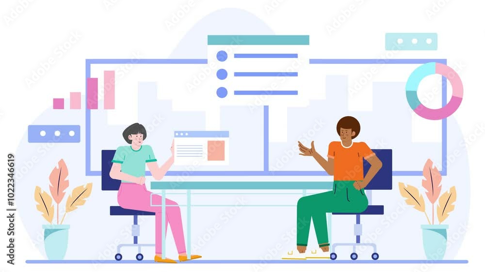 a business meeting with two colleagues discussing data analysis illustration animated video a business meeting with two colleagues discussing data analysis illustration animated video