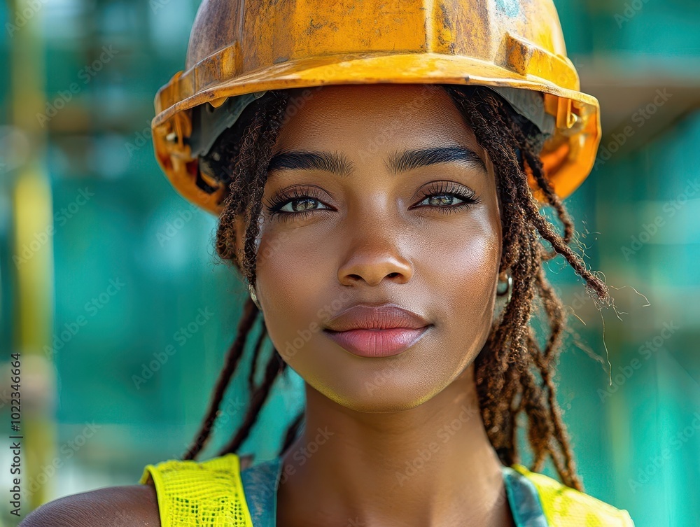 joy radiates from a black woman in a construction helmet and bright ...