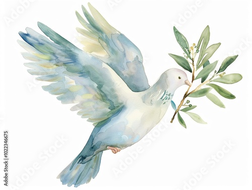 Watercolor illustration of a small dove holding an olive branch clipart